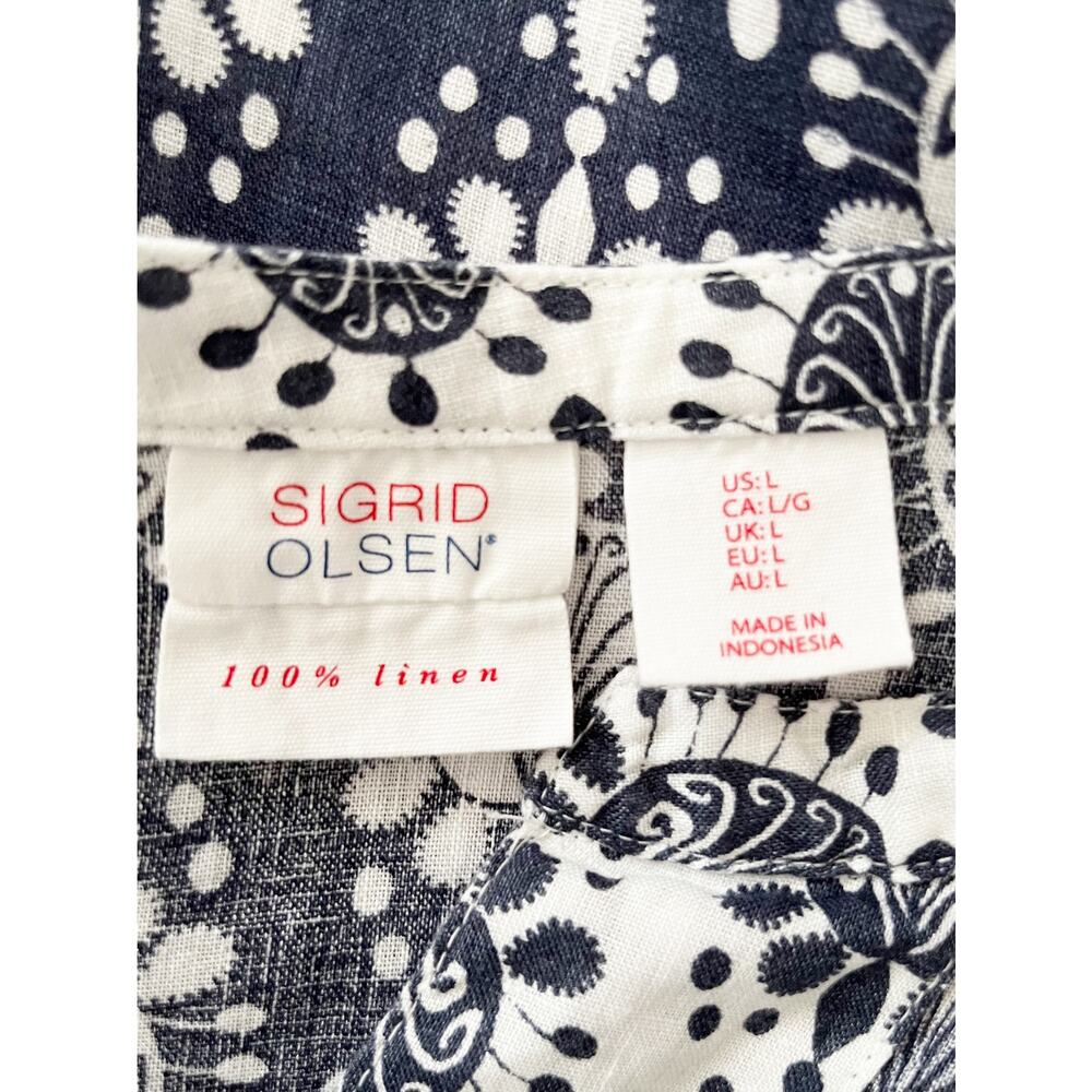 Sigrid Olsen Linen Tunic Blouse Navy White Boho Coastal L - Picture 7 of 8